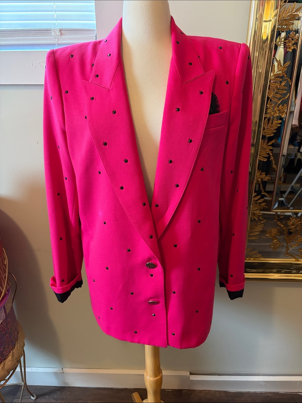 Women's Hot Pink Embellished Blazer - Tailored Double-Button Jacket